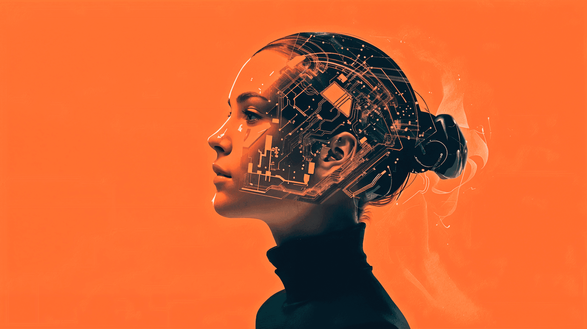 A profile of a human head merging with a glowing circuit board on an orange background