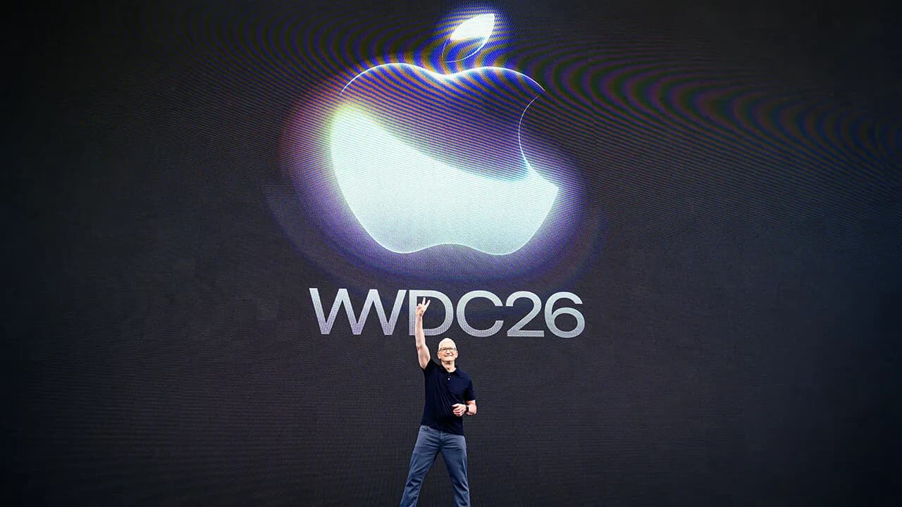 Apple chief executive Tim Cook on stage in front of a WWDC 26 logo
