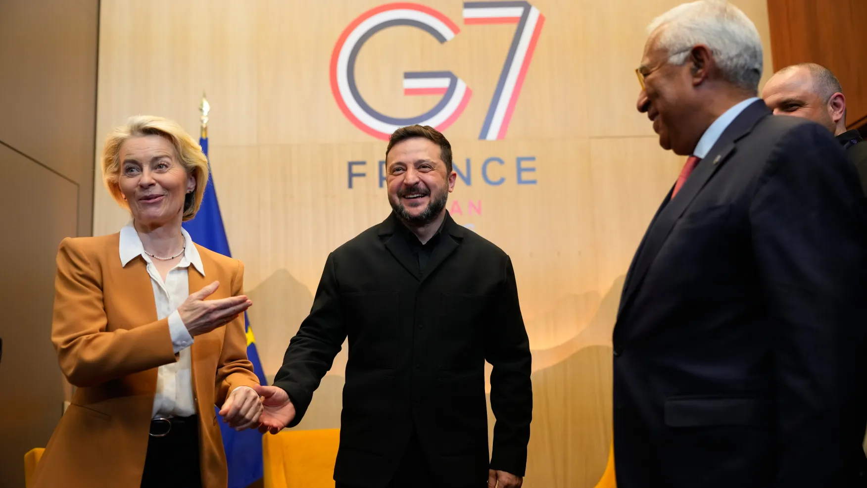 Ursula von der Leyen, Volodymyr Zelensky, and Antonio Costa at the G7 summit in France