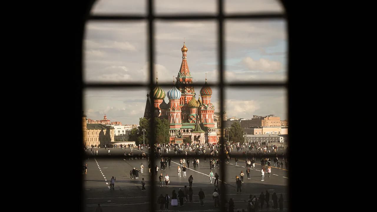 Saint Basil's Cathedral on Red Square in Moscow seen through a window