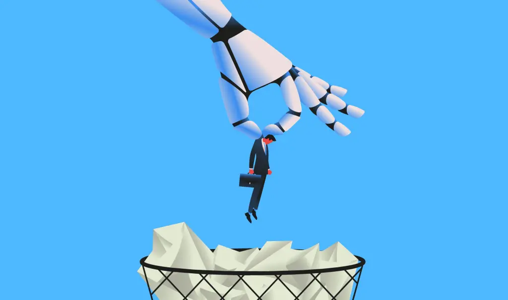 Illustration of a giant robotic hand holding a businessman by the collar over a wastepaper basket
