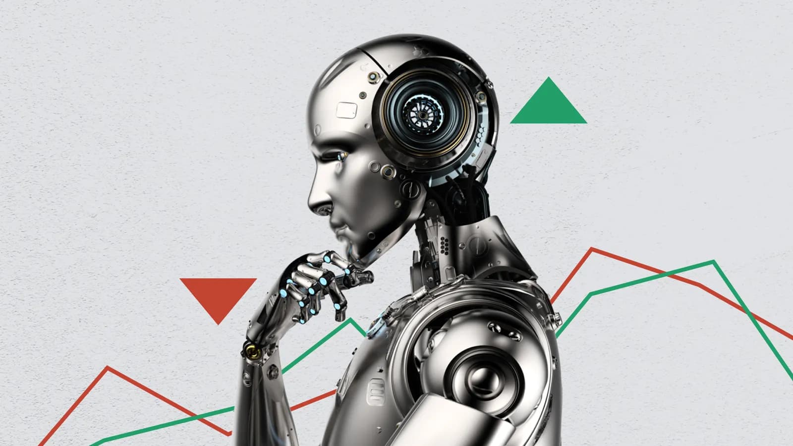 A metallic humanoid robot in a thinking pose in front of rising and falling market trend lines