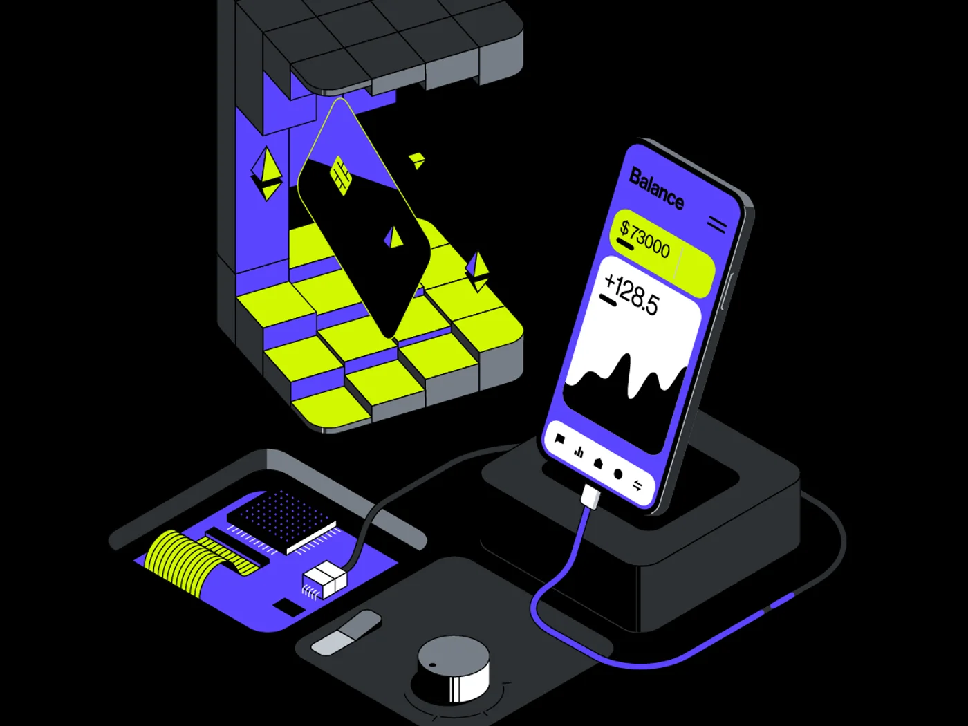Illustration of a smartphone in a dock showing a cryptocurrency balance beside stylised crypto hardware