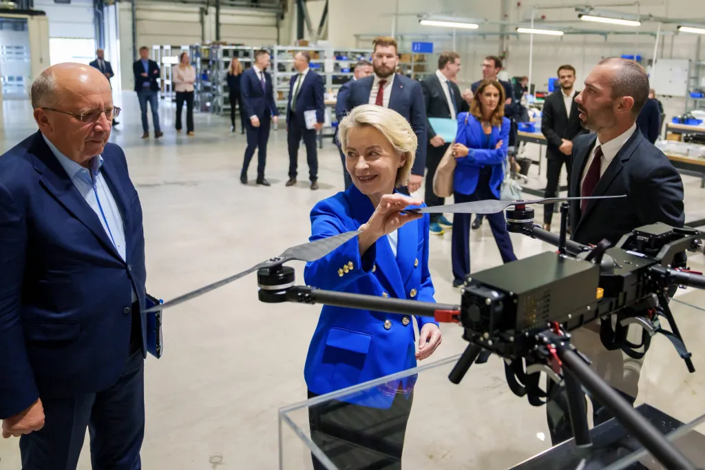 Ursula von der Leyen examines a drone interceptor during a factory visit in Latvia