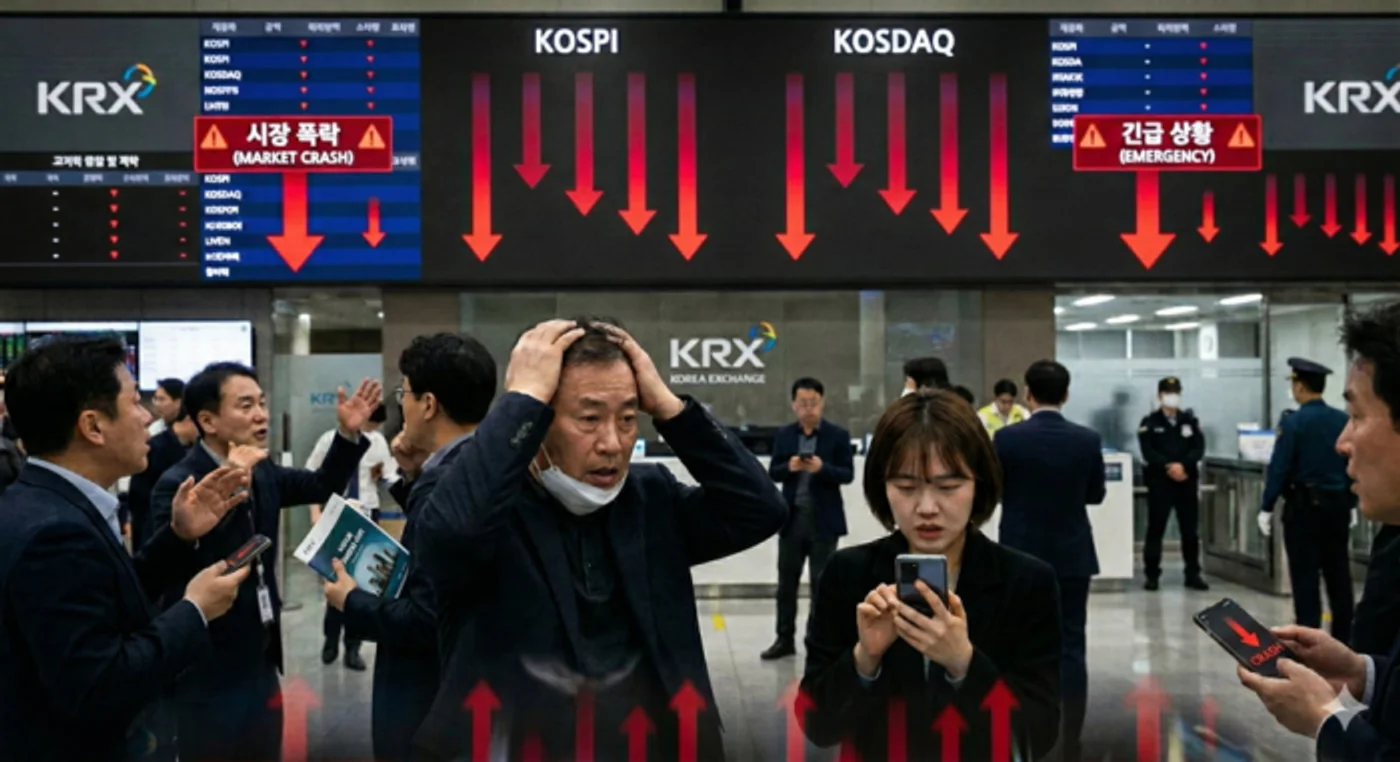 Anxious investors stand beneath a Korea Exchange electronic board showing KOSPI and KOSDAQ falling with red down arrows and market crash warnings