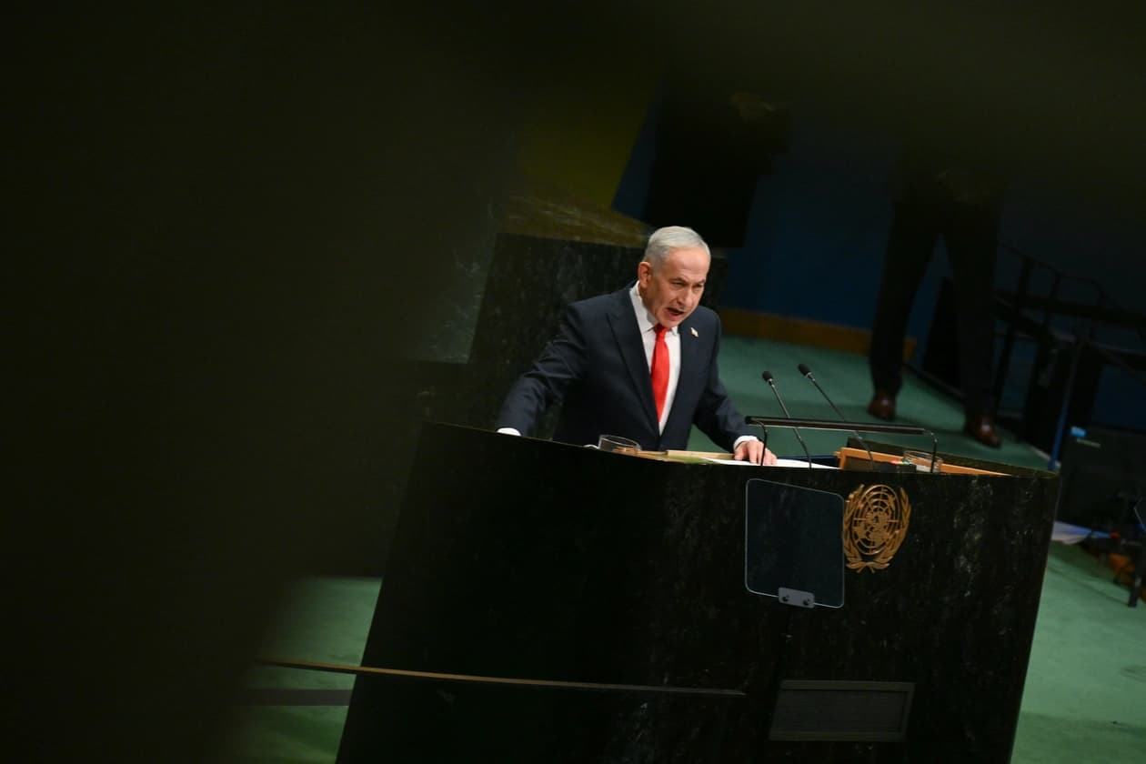 Israeli Prime Minister Benjamin Netanyahu speaks at a podium during the UN General Assembly